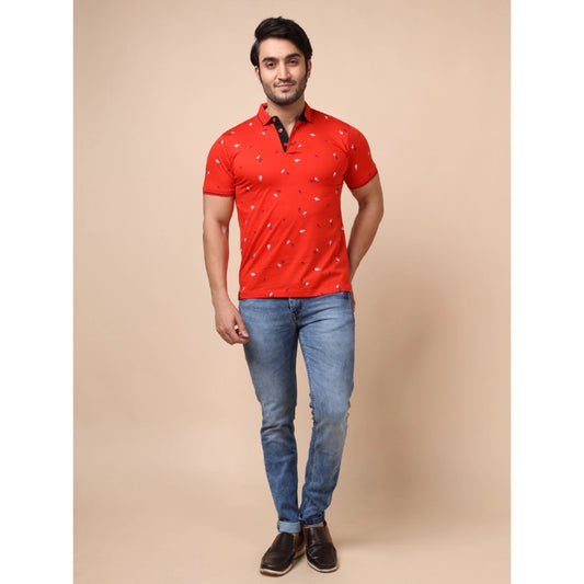 Indoraa Men's Casual Cotton Printed Polo Neck Half Sleeve T-Shirt (Red)