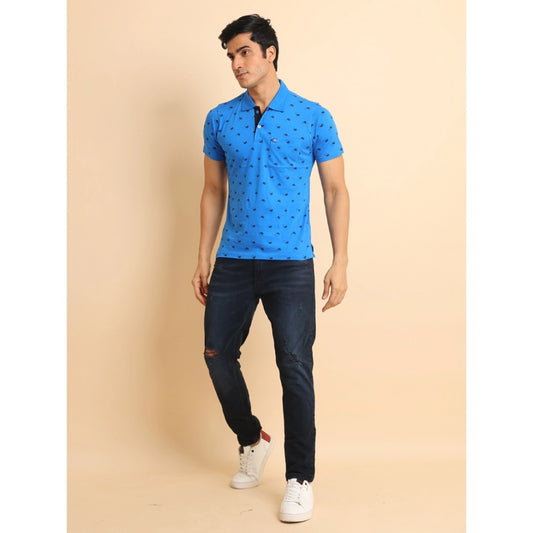 Indoraa Men's Casual Cotton Printed Polo Neck Half Sleeve T-Shirt (Blue)