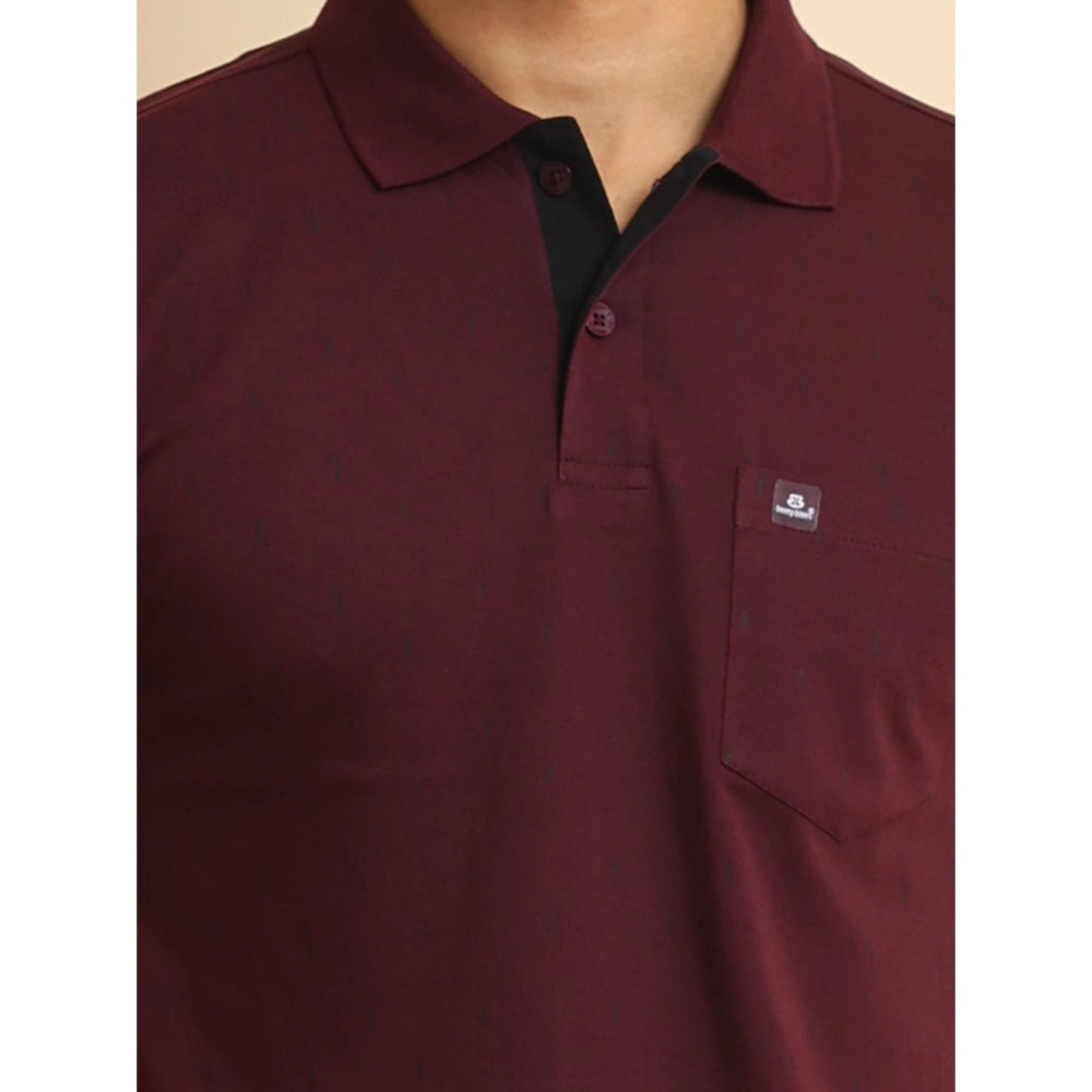 Indoraa Men's Casual Cotton Printed Polo Neck Half Sleeve T-Shirt (Wine)