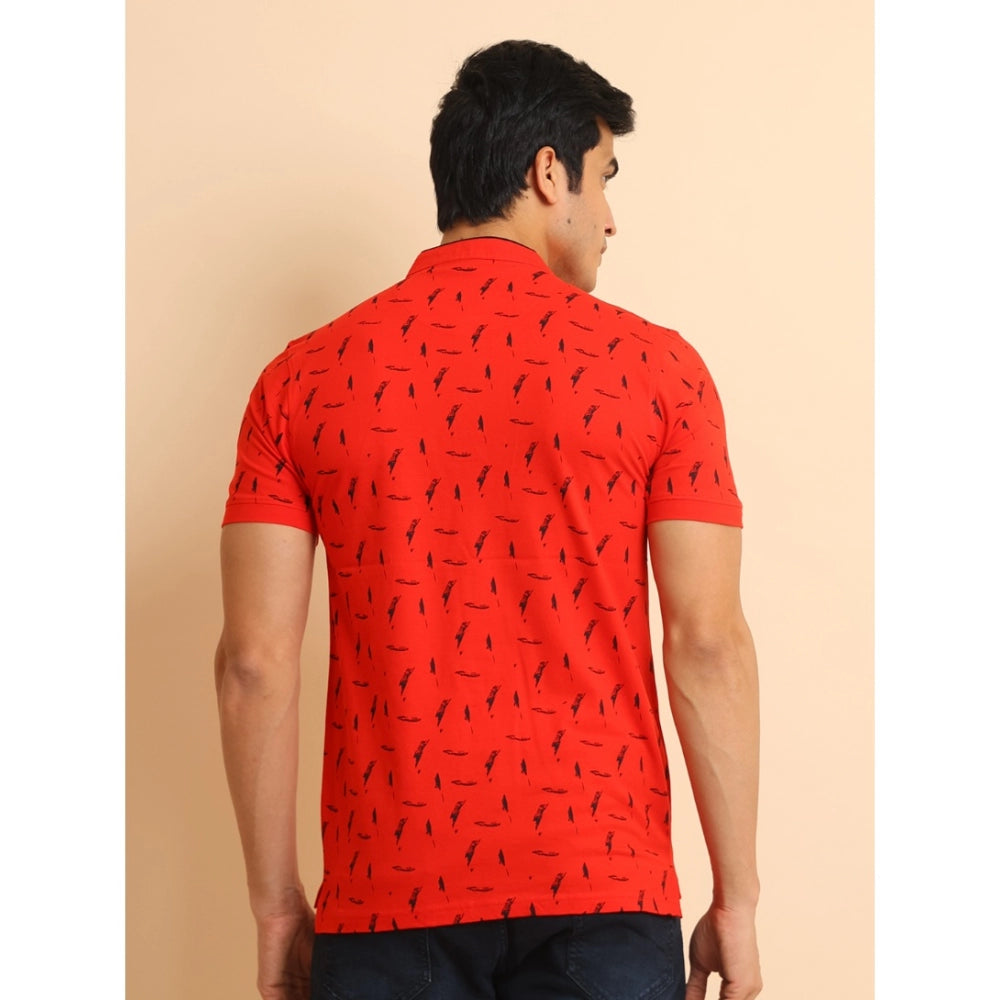 Indoraa Men's Casual Cotton Printed Mandarin Collar Half Sleeve T-Shirt (Red)