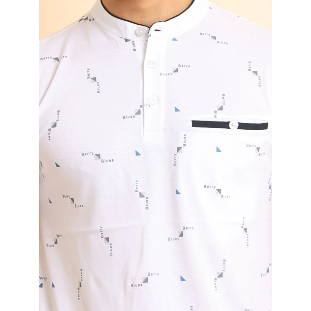 Indoraa Men's Casual Cotton Printed Mandarin Collar Half Sleeve T-Shirt (White)