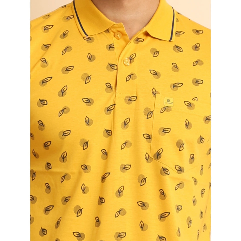 Indoraa Men's Casual Cotton Printed Polo Neck Half Sleeve T-Shirt (Mustard)