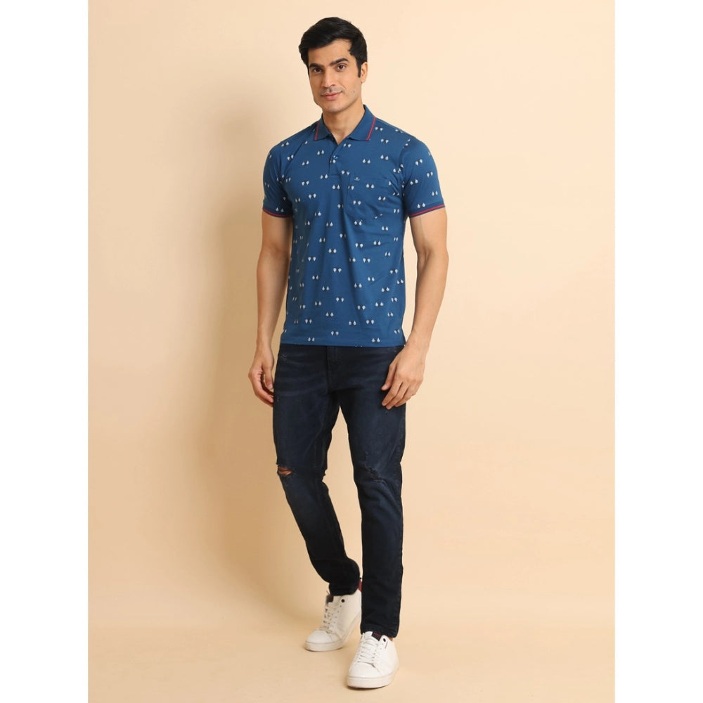 Indoraa Men's Casual Cotton Printed Polo Neck Half Sleeve T-Shirt (Blue)