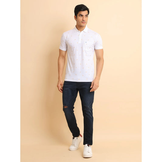 Indoraa Men's Casual Cotton Printed Polo Neck Half Sleeve T-Shirt (White)
