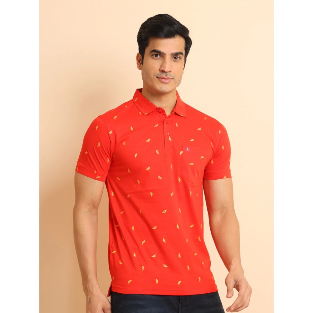 Indoraa Men's Casual Cotton Printed Polo Neck Half Sleeve T-Shirt (Red)