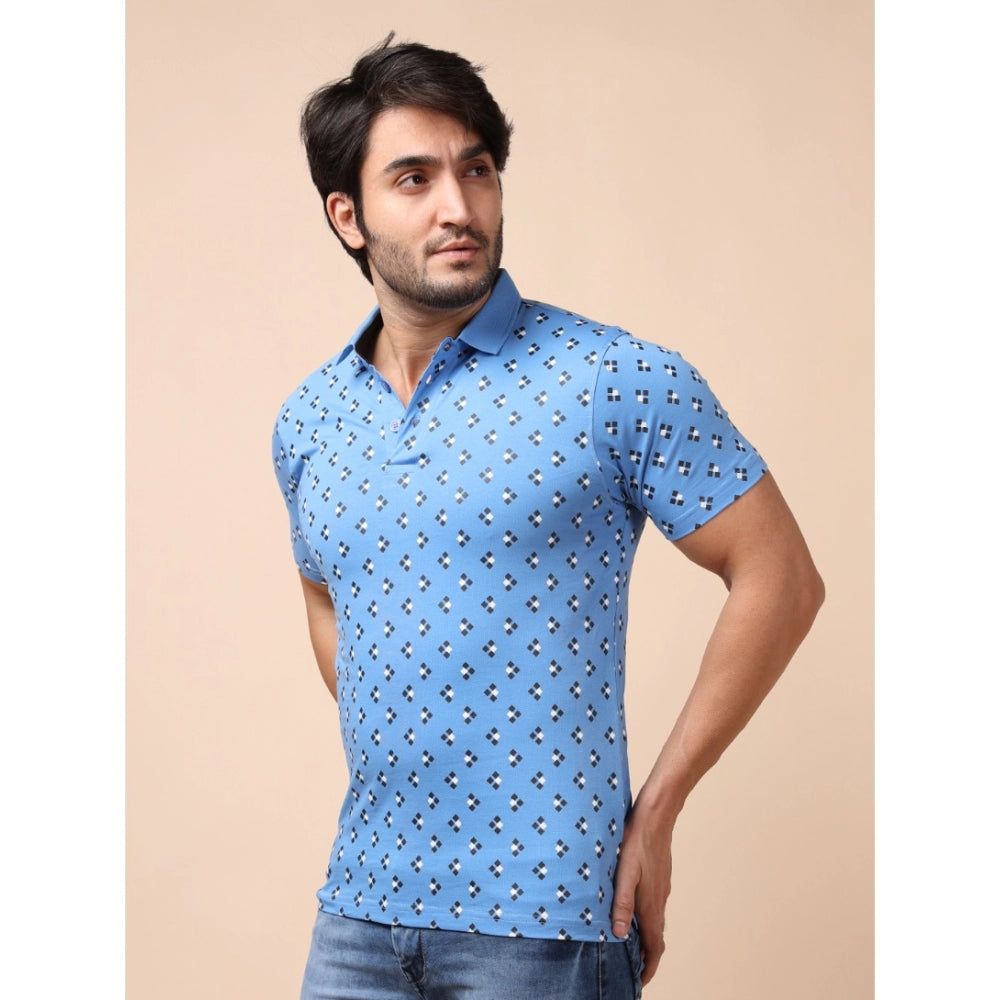 Indoraa Men's Casual Cotton Printed Polo Neck Half Sleeve T-Shirt (Blue)