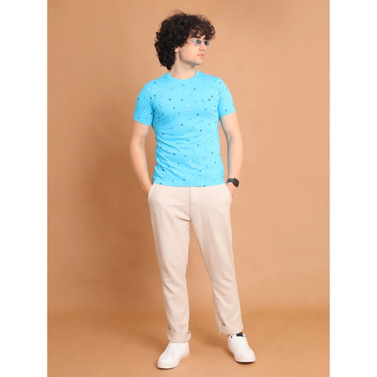 Indoraa Men's Casual Cotton Printed Round Neck Half Sleeve T-Shirt (Skyblue)