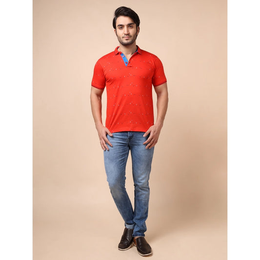 Indoraa Men's Casual Cotton Printed Polo Neck Half Sleeve T-Shirt (Red)