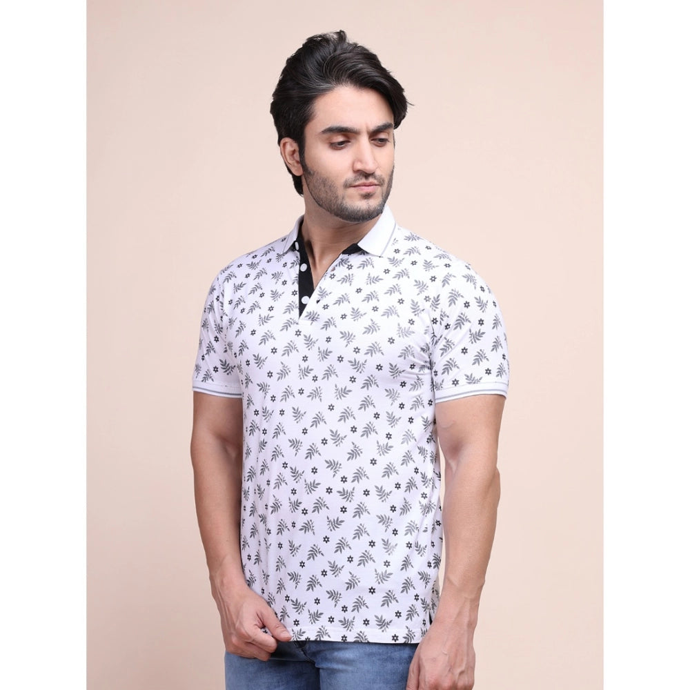 Indoraa Men's Casual Cotton Printed Polo Neck Half Sleeve T-Shirt (White)