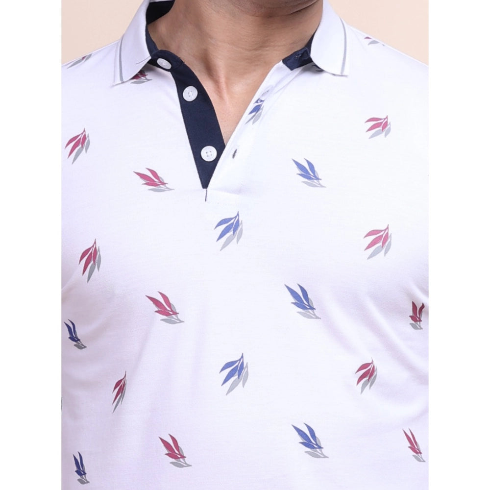 Indoraa Men's Casual Cotton Printed Polo Neck Half Sleeve T-Shirt (White)