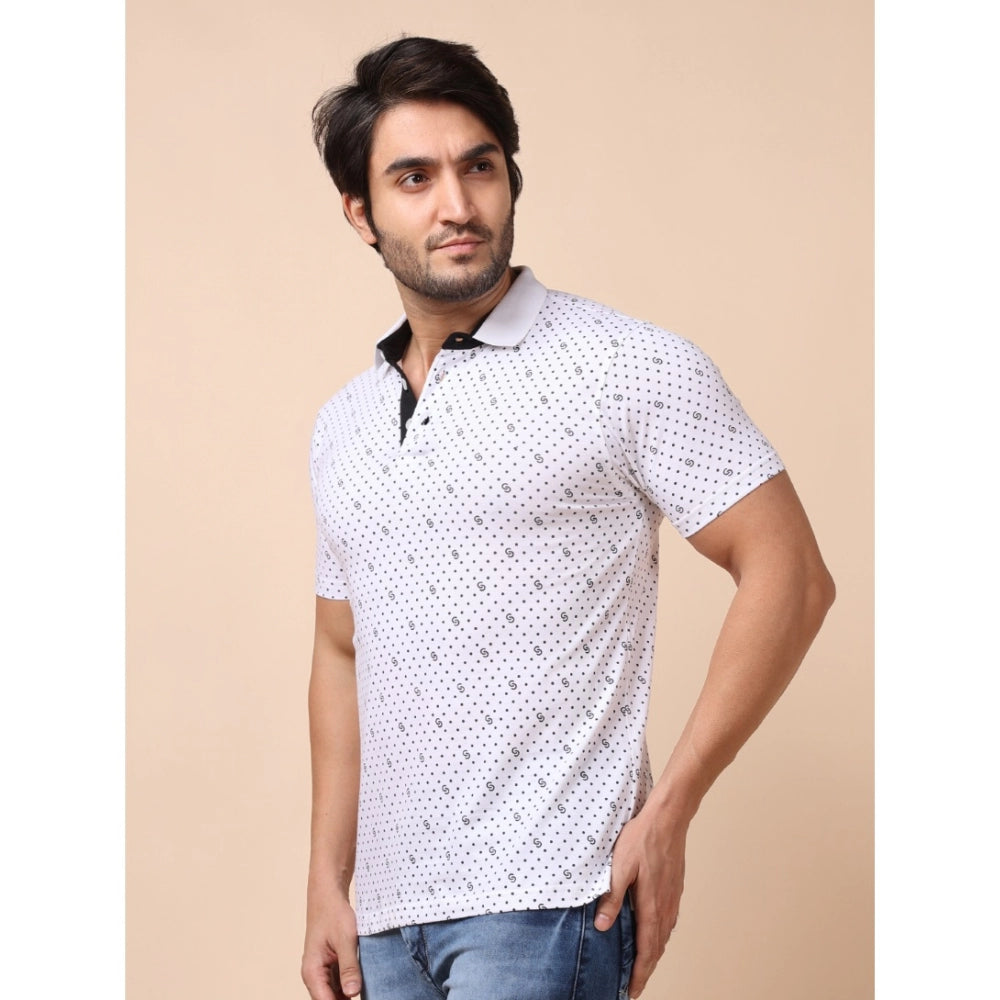 Indoraa Men's Casual Cotton Printed Polo Neck Half Sleeve T-Shirt (White)