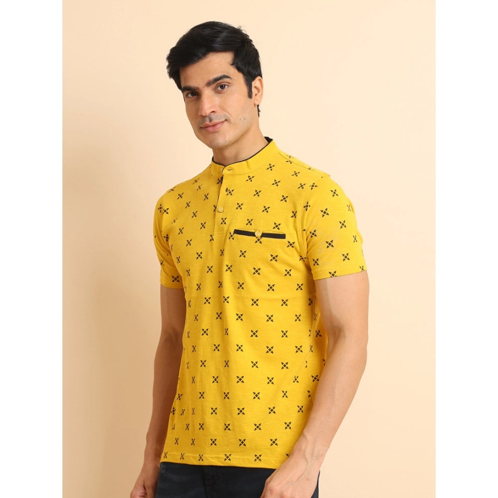 Indoraa Men's Casual Cotton Printed Mandarin Collar Half Sleeve T-Shirt (Mustard)