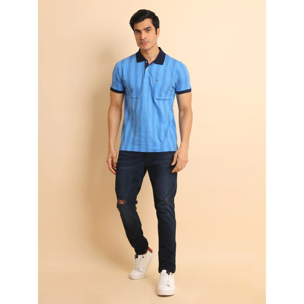 Indoraa Men's Casual Cotton Printed Polo Neck Half Sleeve T-Shirt (LightBlue)