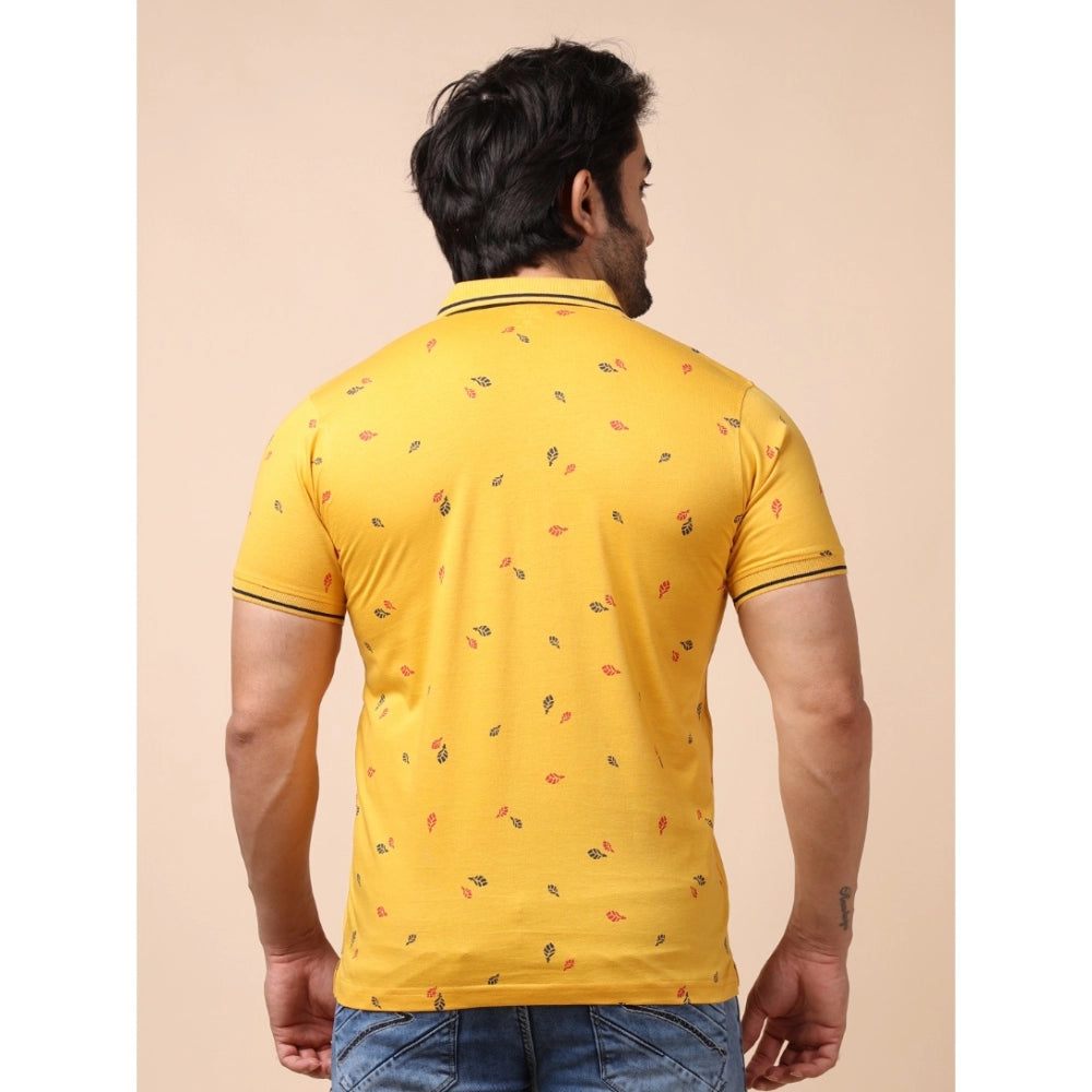 Indoraa Men's Casual Cotton Printed Polo Neck Half Sleeve T-Shirt (Mustard)