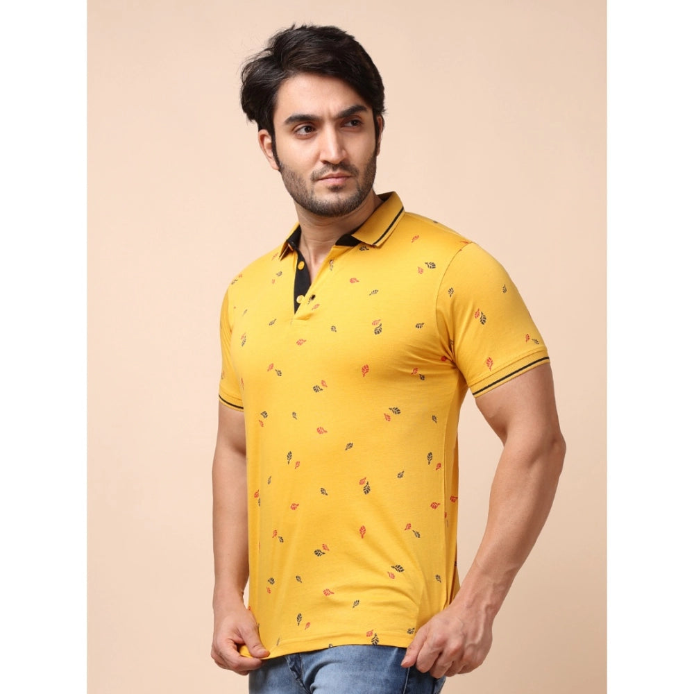 Indoraa Men's Casual Cotton Printed Polo Neck Half Sleeve T-Shirt (Mustard)