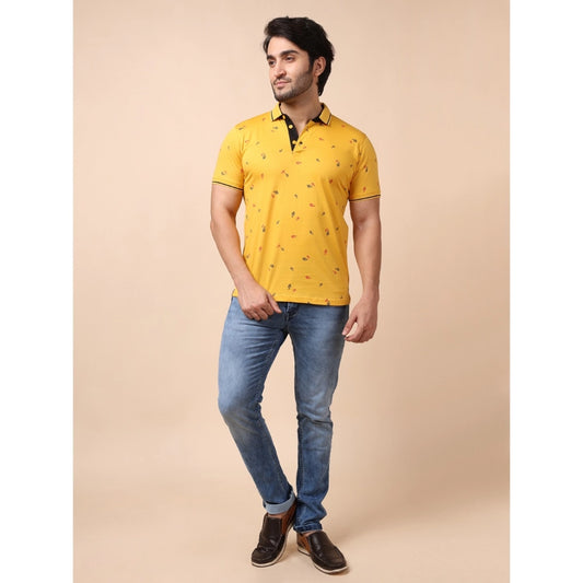 Indoraa Men's Casual Cotton Printed Polo Neck Half Sleeve T-Shirt (Mustard)