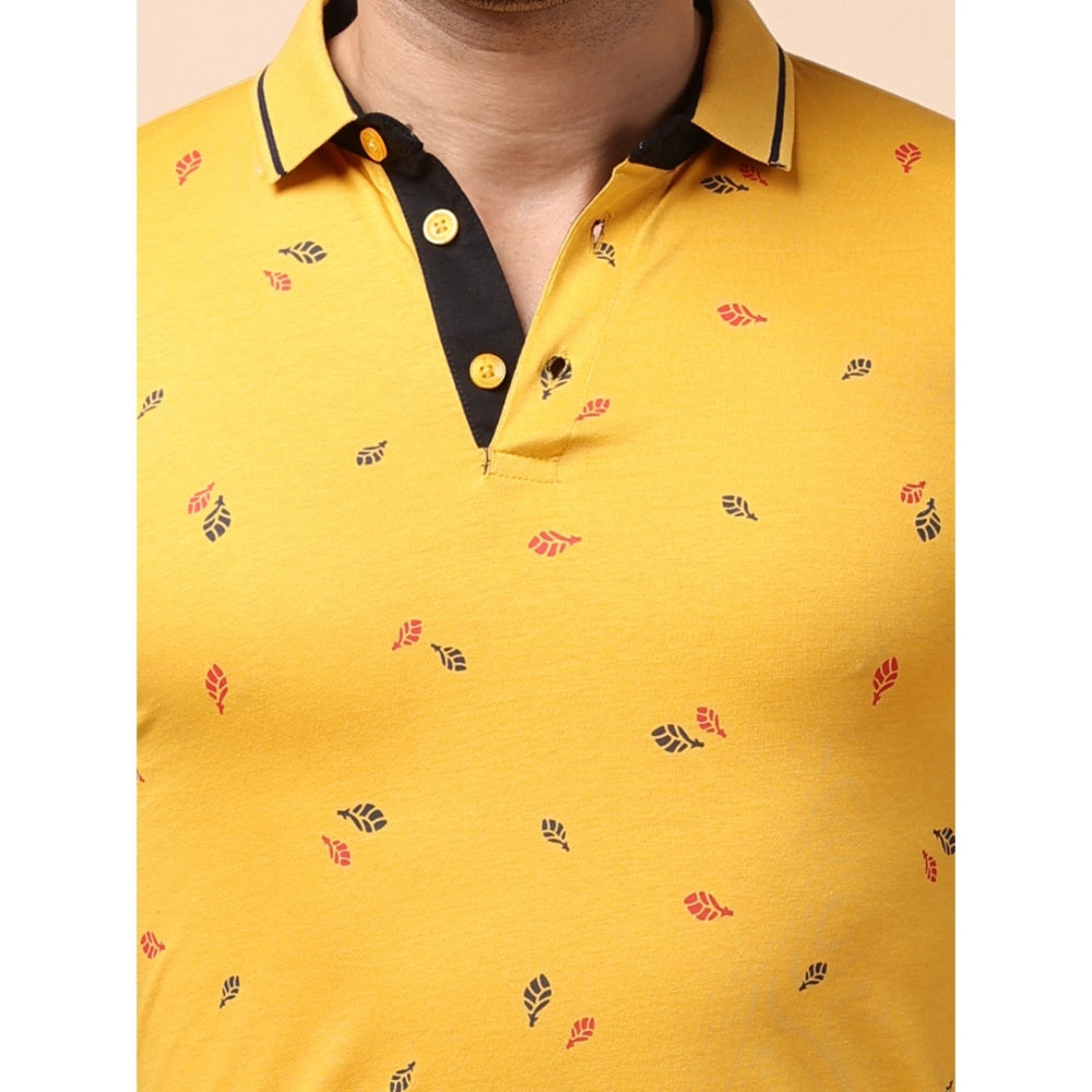 Indoraa Men's Casual Cotton Printed Polo Neck Half Sleeve T-Shirt (Mustard)