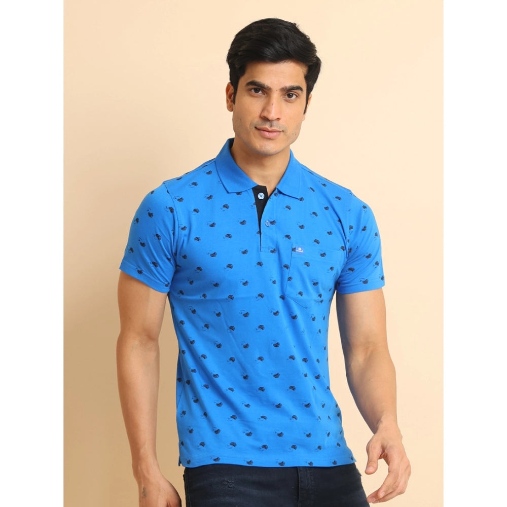 Indoraa Men's Casual Cotton Printed Polo Neck Half Sleeve T-Shirt (Blue)