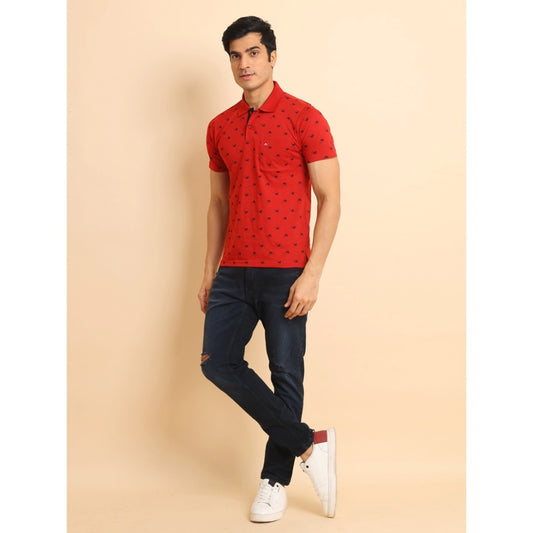 Indoraa Men's Casual Cotton Printed Polo Neck Half Sleeve T-Shirt (Red)