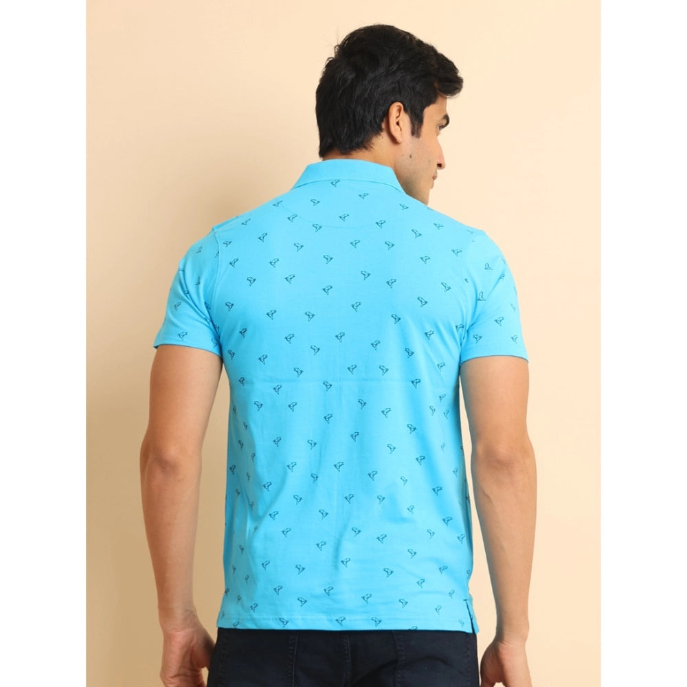 Indoraa Men's Casual Cotton Printed Polo Neck Half Sleeve T-Shirt (Skyblue)