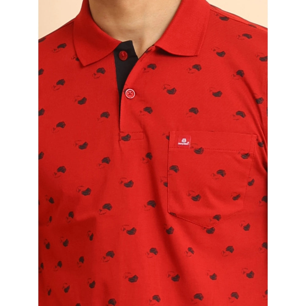 Indoraa Men's Casual Cotton Printed Polo Neck Half Sleeve T-Shirt (Red)