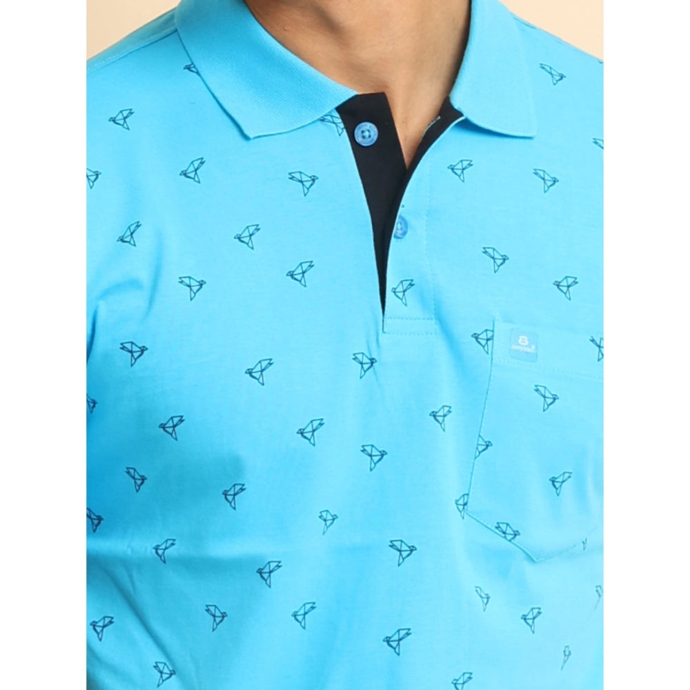 Indoraa Men's Casual Cotton Printed Polo Neck Half Sleeve T-Shirt (Skyblue)