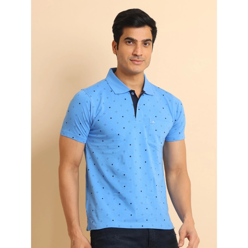 Indoraa Men's Casual Cotton Printed Polo Neck Half Sleeve T-Shirt (Blue)