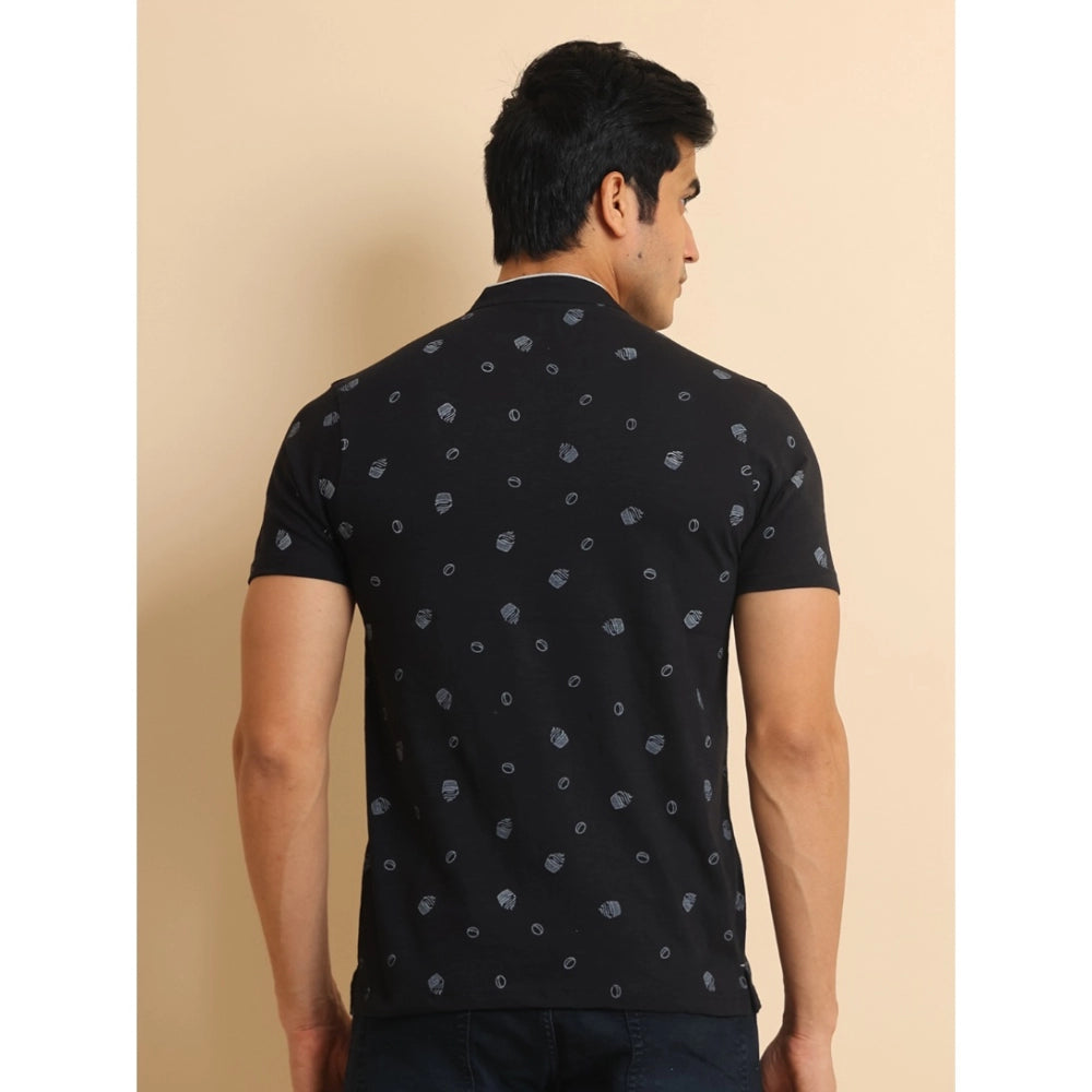 Indoraa Men's Casual Cotton Printed Mandarin Collar Half Sleeve T-Shirt (Black)