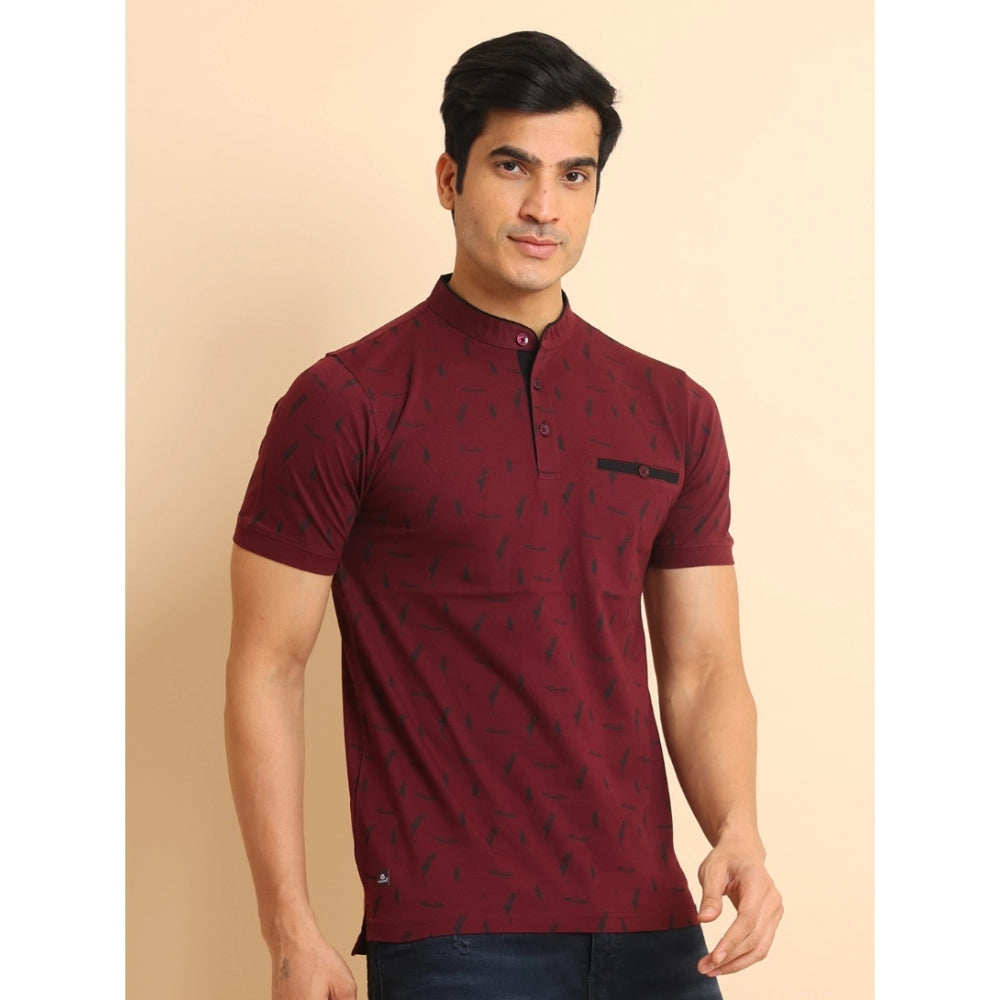 Indoraa Men's Casual Cotton Printed Mandarin Collar Half Sleeve T-Shirt (Plum)