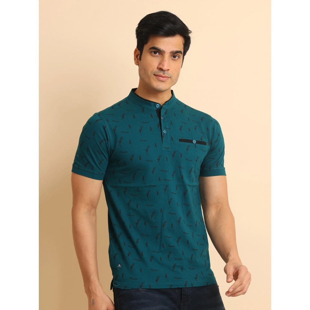Indoraa Men's Casual Cotton Printed Mandarin Collar Half Sleeve T-Shirt (Green)
