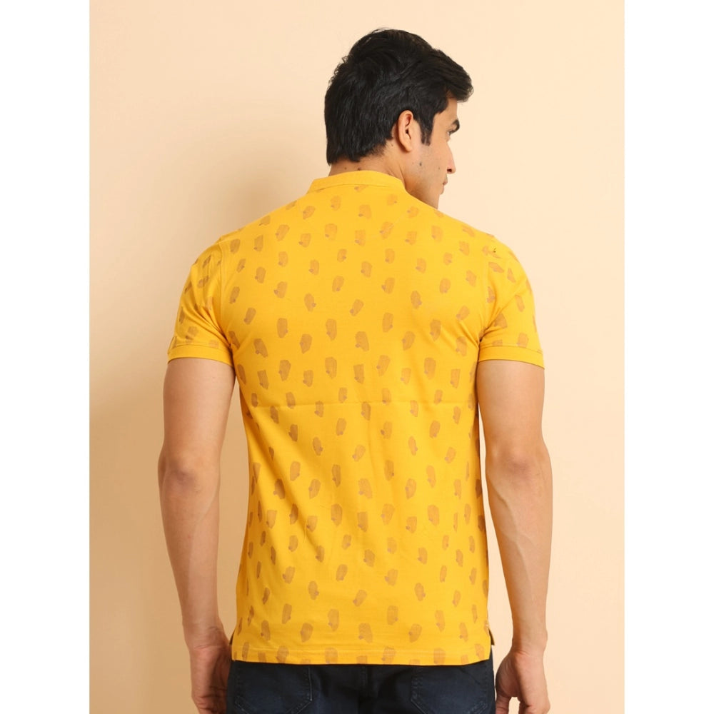 Indoraa Men's Casual Cotton Printed Mandarin Collar Half Sleeve T-Shirt (Mustard)