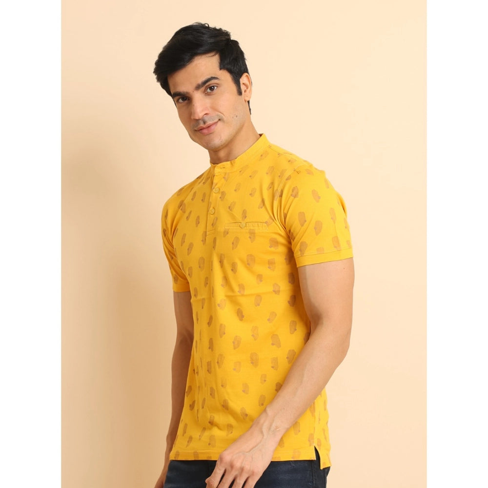 Indoraa Men's Casual Cotton Printed Mandarin Collar Half Sleeve T-Shirt (Mustard)