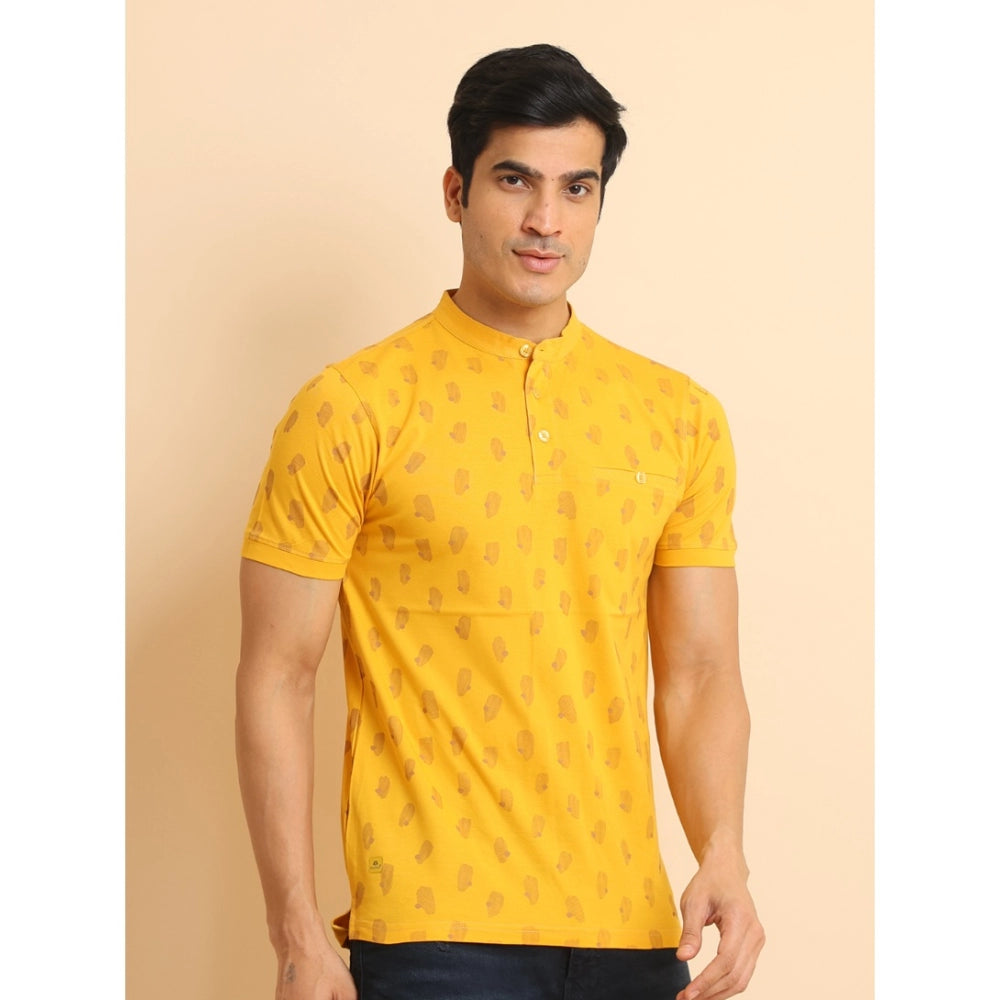 Indoraa Men's Casual Cotton Printed Mandarin Collar Half Sleeve T-Shirt (Mustard)