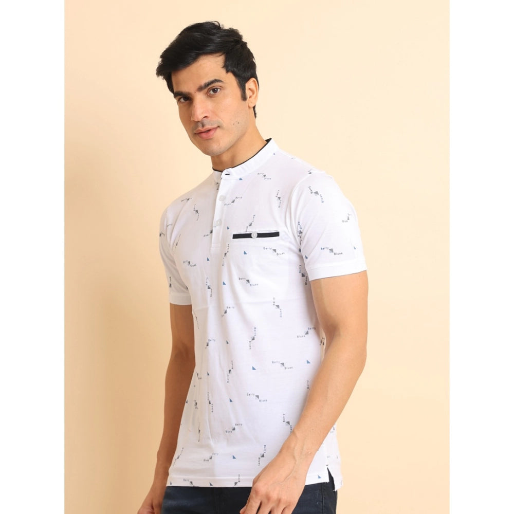 Indoraa Men's Casual Cotton Printed Mandarin Collar Half Sleeve T-Shirt (White)