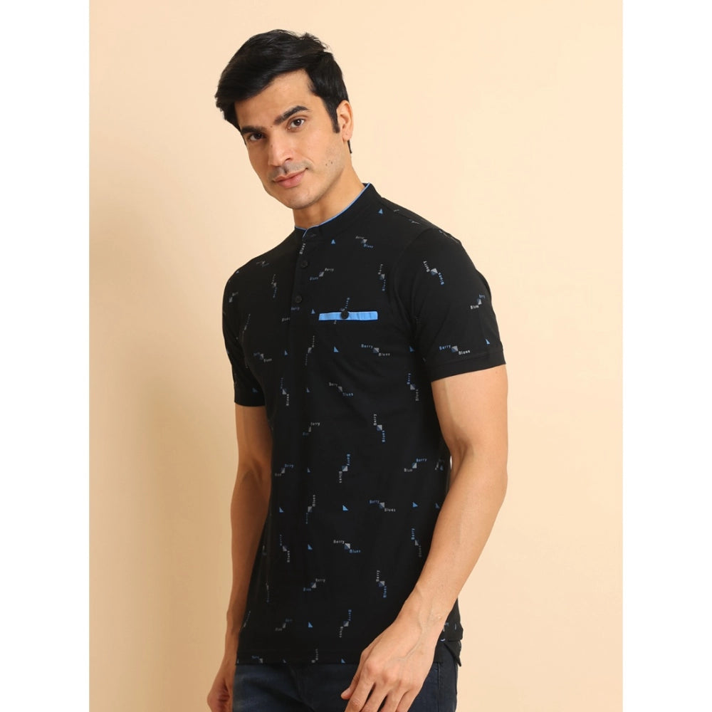 Indoraa Men's Casual Cotton Printed Mandarin Collar Half Sleeve T-Shirt (Navy)