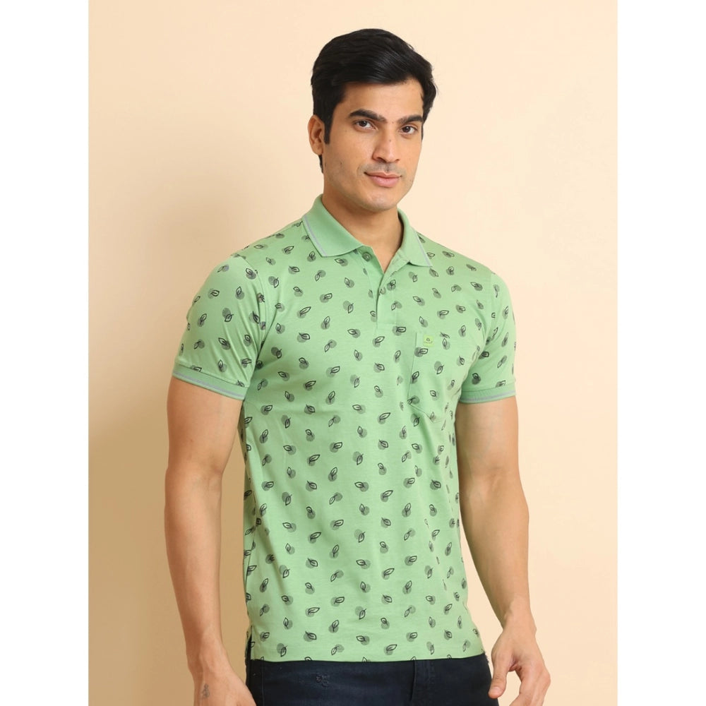 Indoraa Men's Casual Cotton Printed Polo Neck Half Sleeve T-Shirt (Light Green)