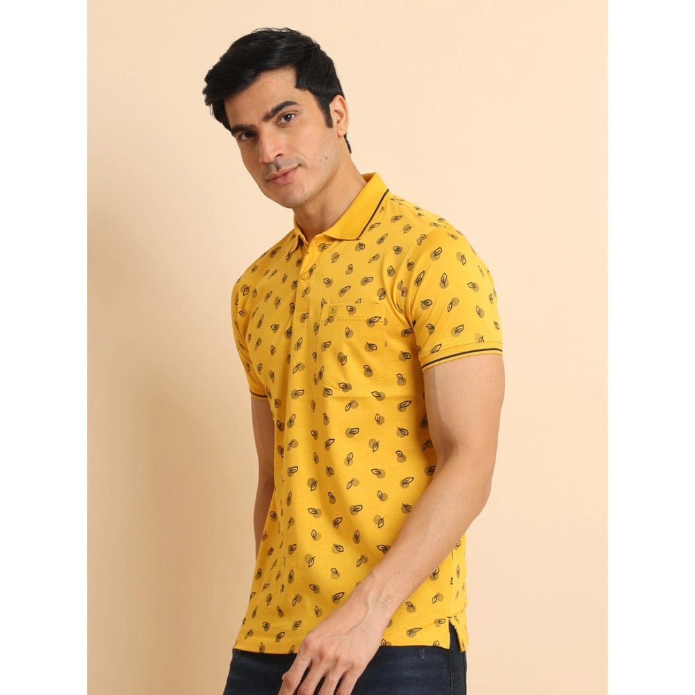 Indoraa Men's Casual Cotton Printed Polo Neck Half Sleeve T-Shirt (Mustard)
