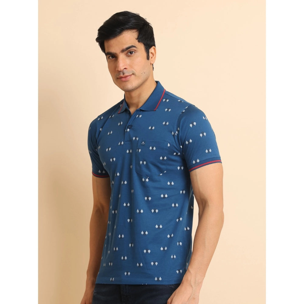 Indoraa Men's Casual Cotton Printed Polo Neck Half Sleeve T-Shirt (Blue)