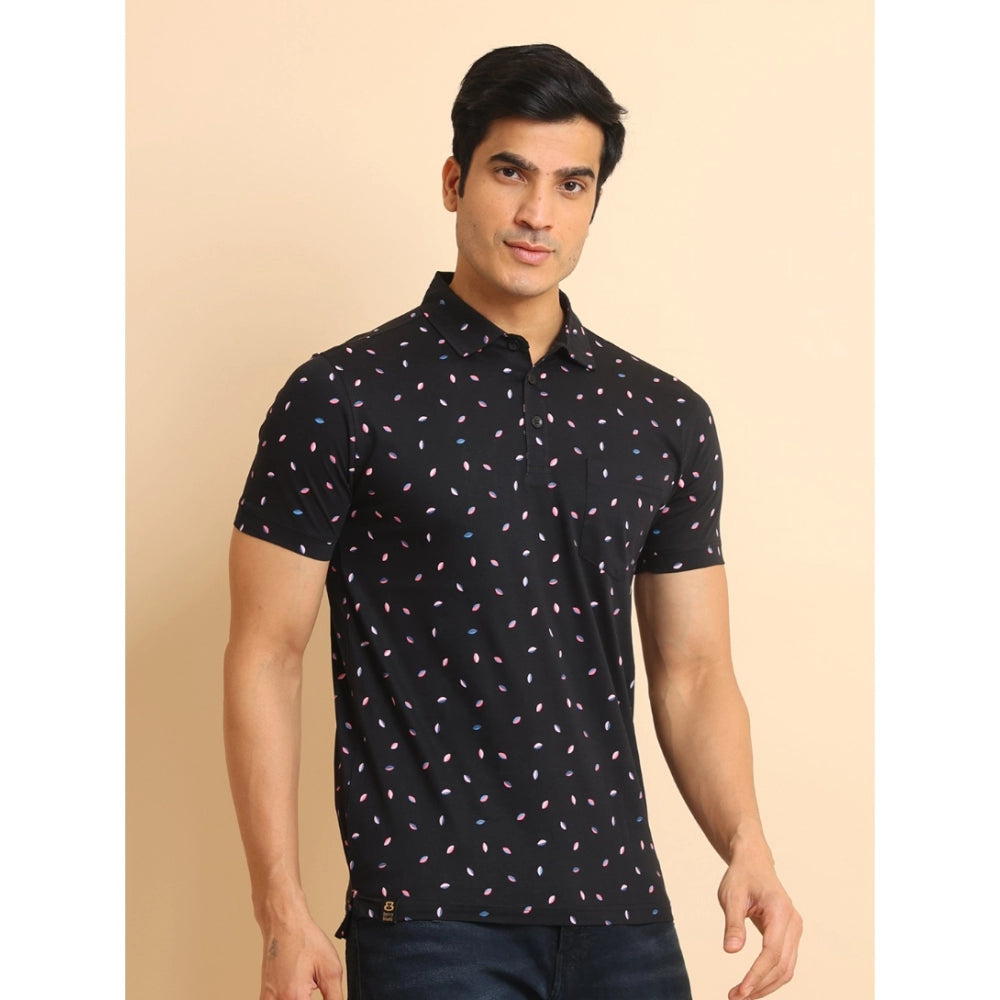 Indoraa Men's Casual Cotton Printed Polo Neck Half Sleeve T-Shirt (Black)