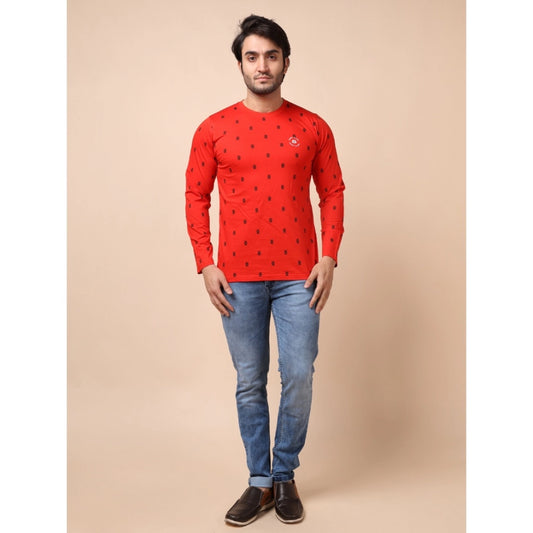 Indoraa Men's Casual Cotton Printed Round Neck Full Sleeve T-Shirt (Red)
