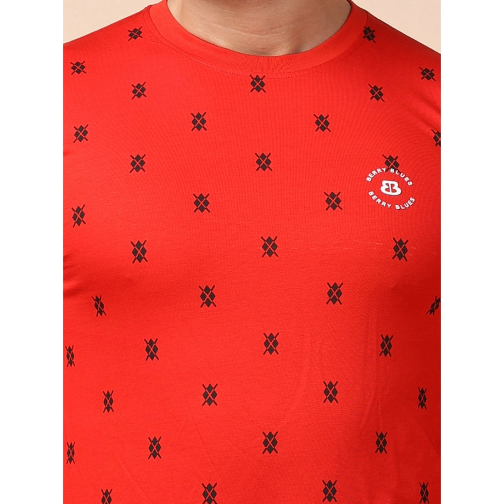Indoraa Men's Casual Cotton Printed Round Neck Full Sleeve T-Shirt (Red)