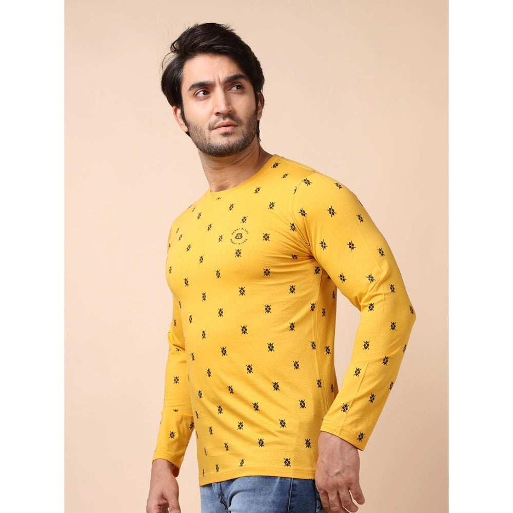 Indoraa Men's Casual Cotton Printed Round Neck Full Sleeve T-Shirt (Mustard)