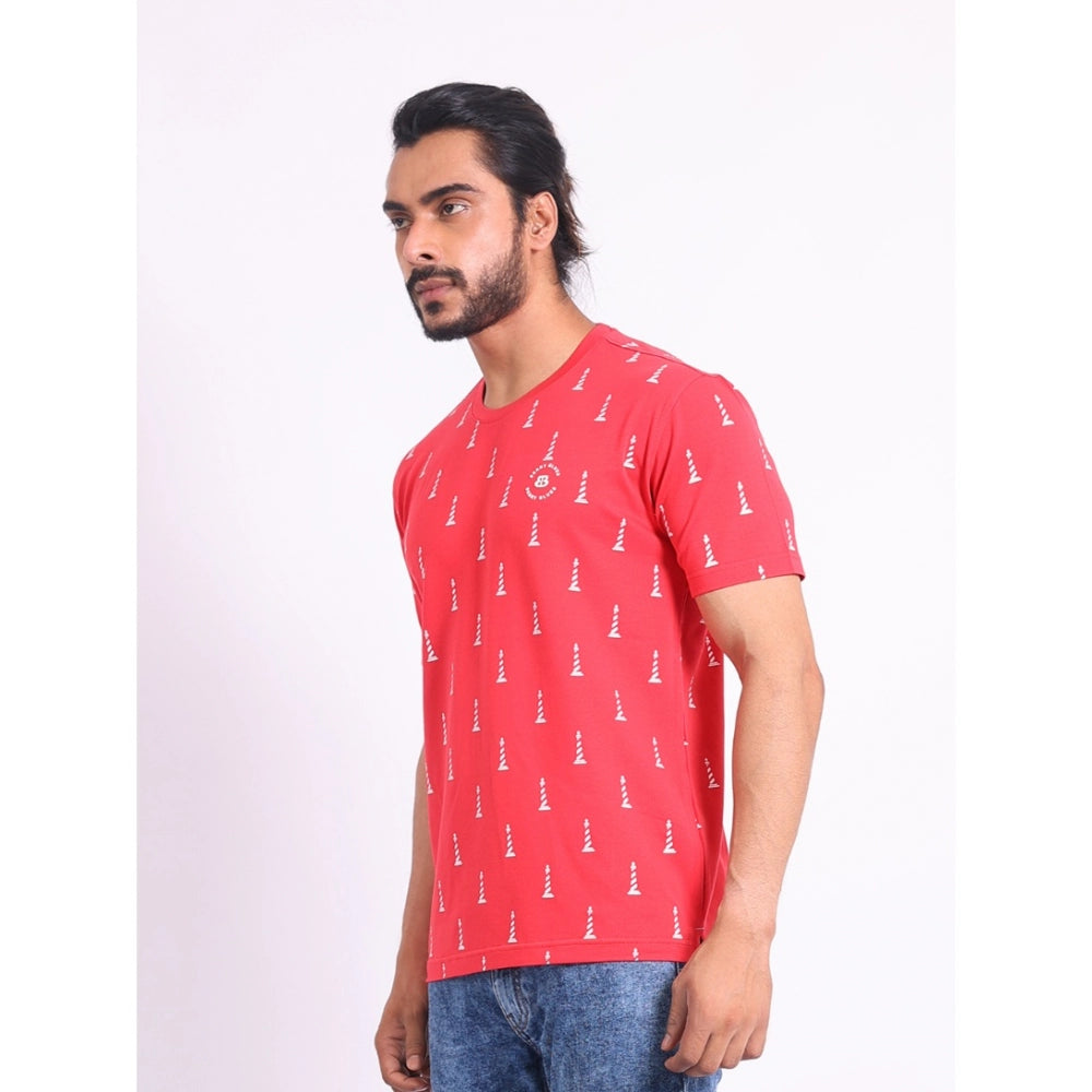 Indoraa Men's Casual Cotton Printed Round Neck Half Sleeve T-Shirt (Red)