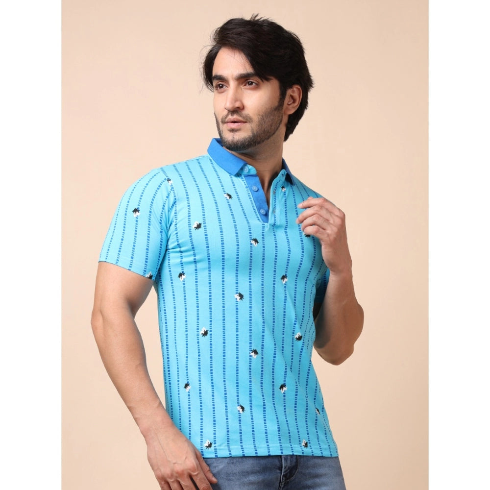 Indoraa Men's Casual Cotton Printed Polo Neck Half Sleeve T-Shirt (Skyblue)