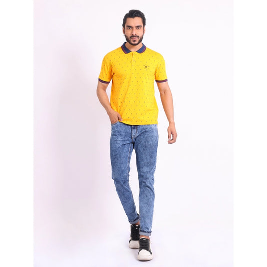 Indoraa Men's Casual Cotton Printed Polo Neck Half Sleeve T-Shirt (Turmeric)