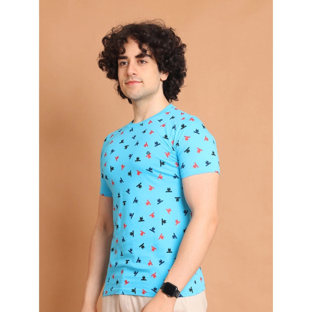 Indoraa Men's Casual Cotton Printed Round Neck Half Sleeve T-Shirt (Skyblue)