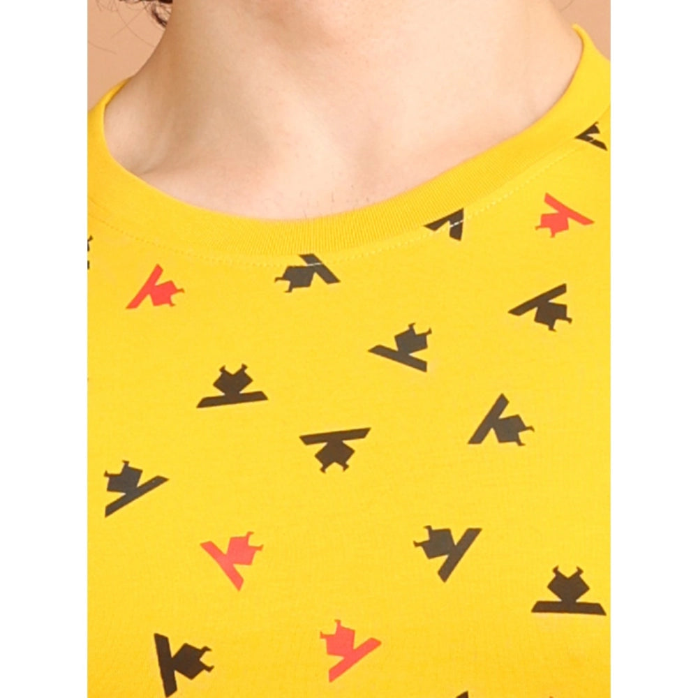 Indoraa Men's Casual Cotton Printed Round Neck Half Sleeve T-Shirt (Yellow)