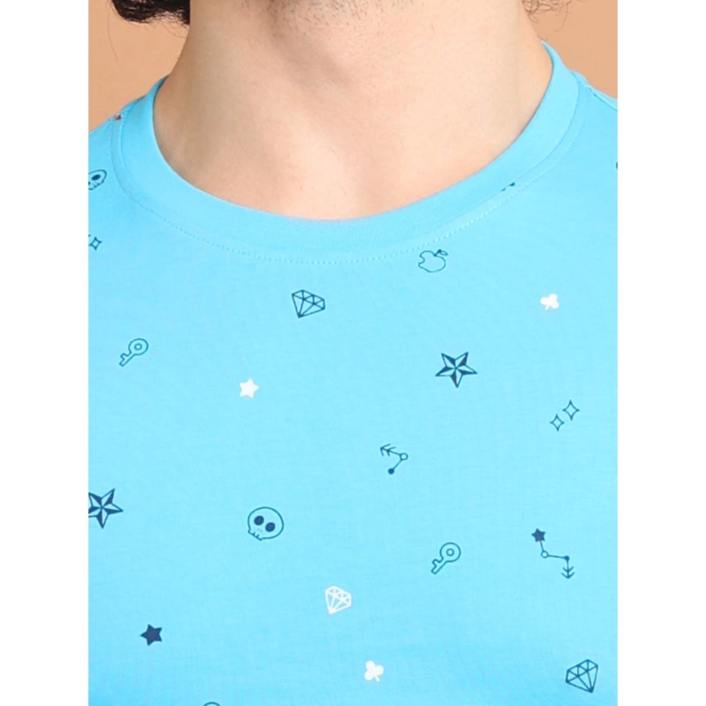 Indoraa Men's Casual Cotton Printed Round Neck Half Sleeve T-Shirt (Skyblue)