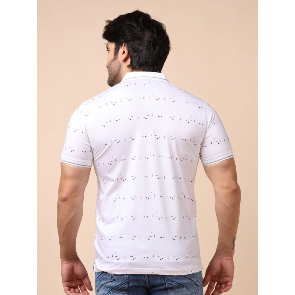 Indoraa Men's Casual Cotton Printed Polo Neck Half Sleeve T-Shirt (White)