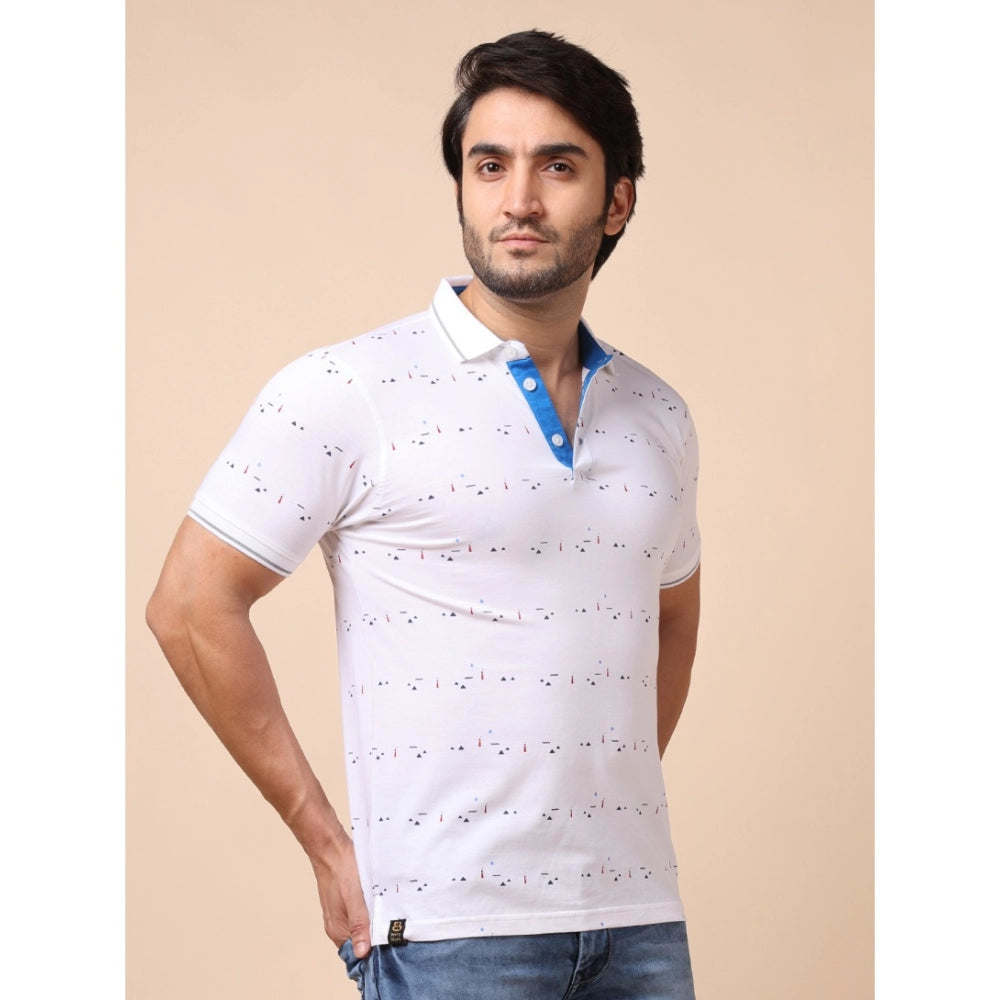 Indoraa Men's Casual Cotton Printed Polo Neck Half Sleeve T-Shirt (White)